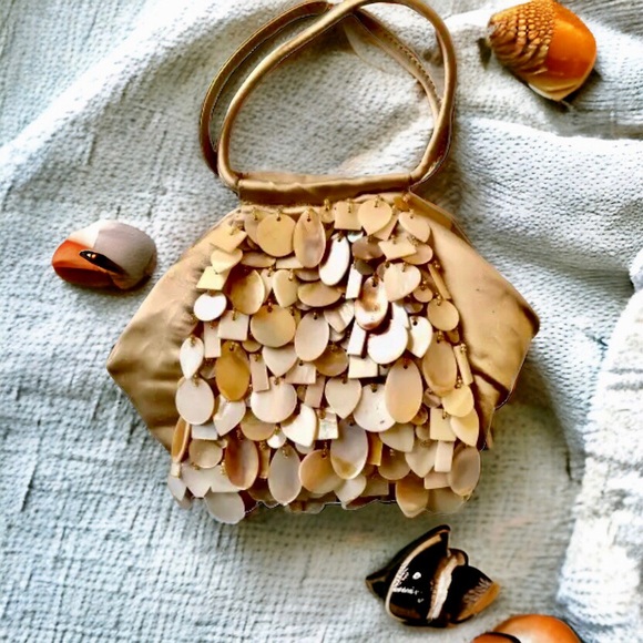 Evening Satchel Handbag Dangling Shell Beads Vintage Double Handles - Picture 3 of 11